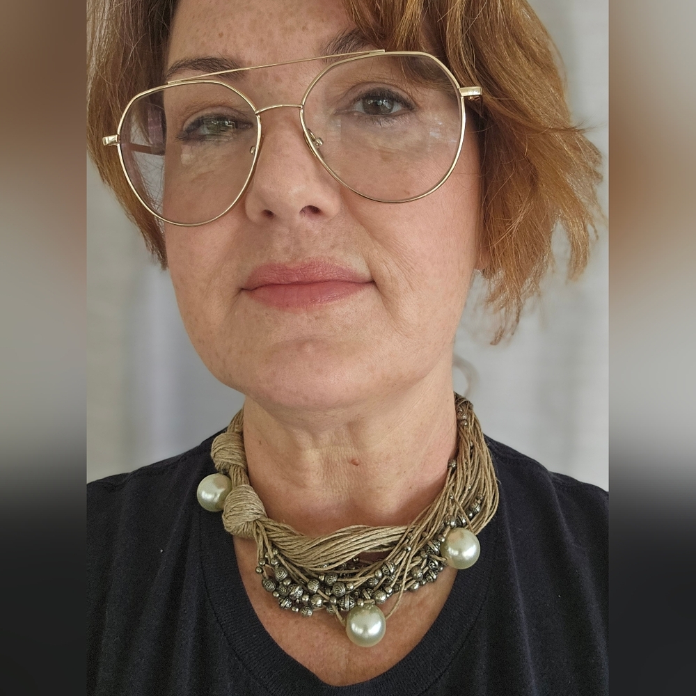 Elegant Pearl, Natural Fiber and Silver Beaded Necklace